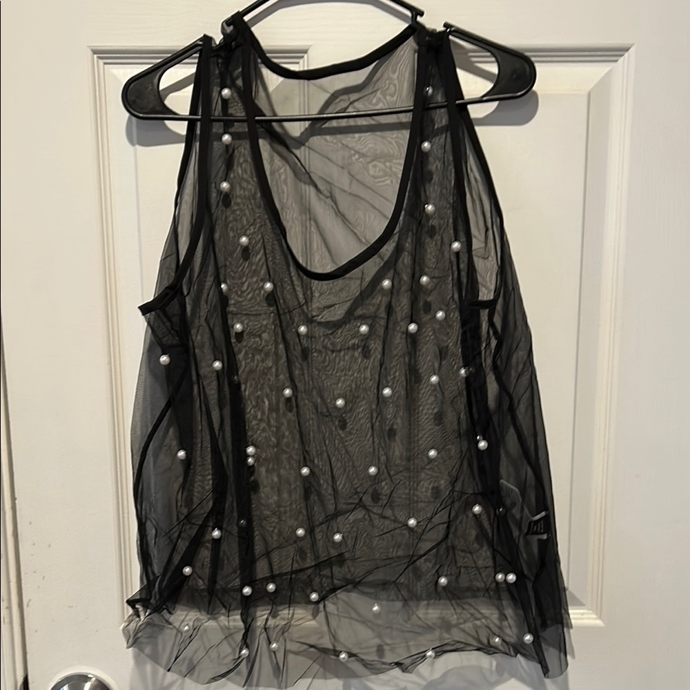 NWOT. Black Sheer Tank Top with Pearl Accents